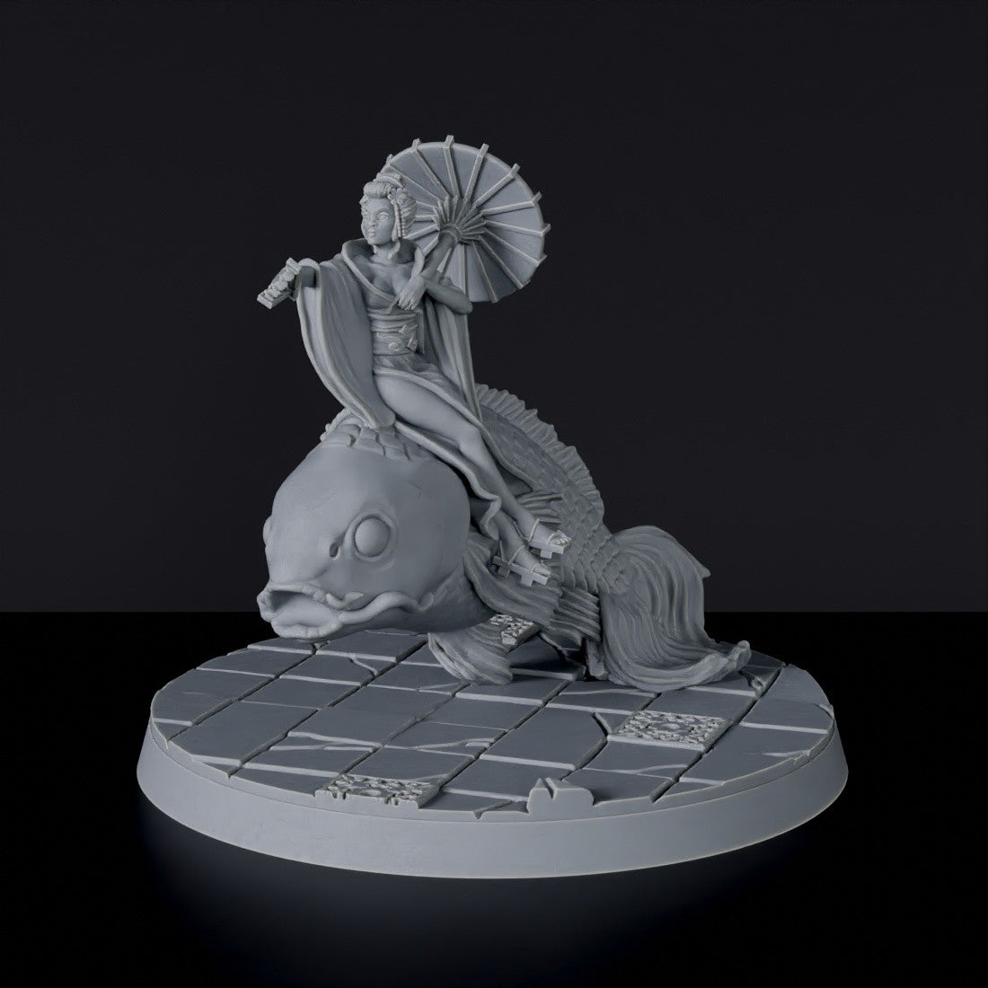 Fantasy miniatures of asian warrior Hori Mizu on fish beast - Bloodfields tabletop RPG game