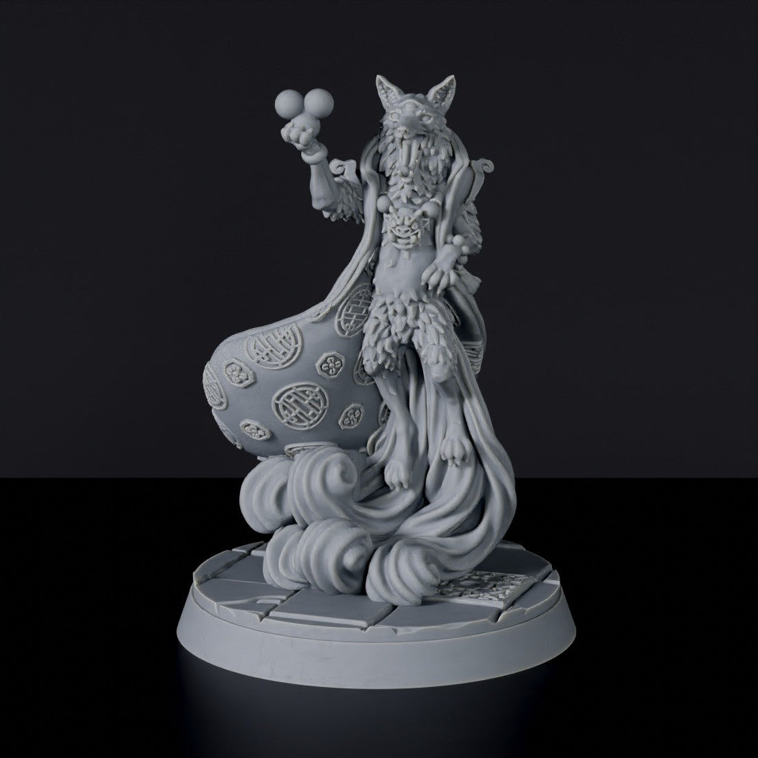 Fantasy miniatures of asian beast cat Kitsune with sphere - Bloodfields tabletop RPG game