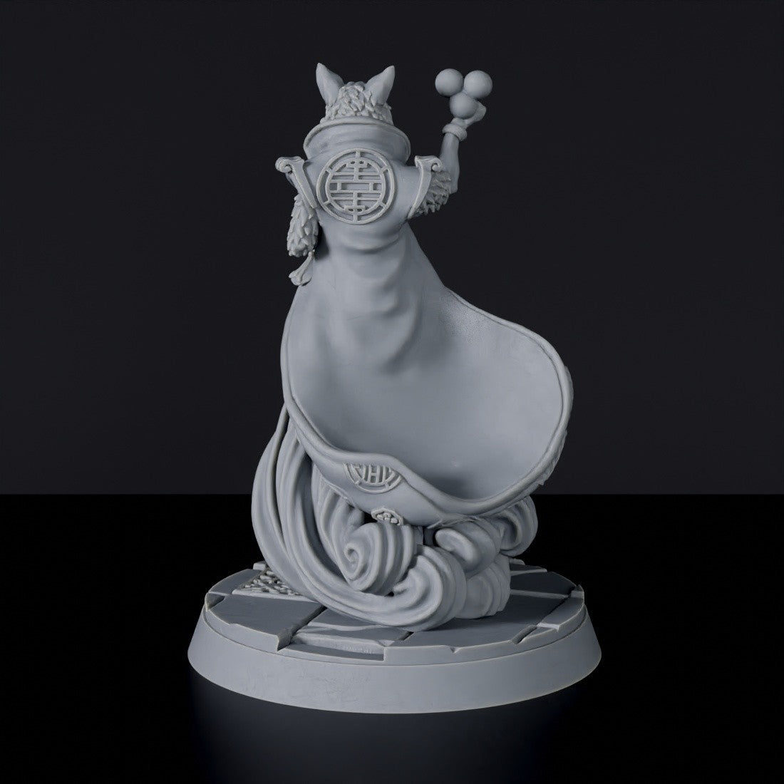 Fantasy miniatures of asian cat warlock Kitsune with sphere and cloak - Bloodfields tabletop RPG game