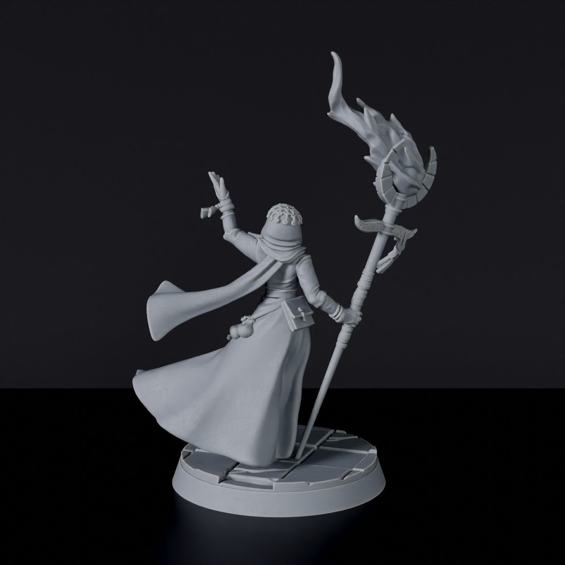 Fantasy miniature of arabic magic wizard Lalla Jareeza with staff and knife for Bloodfields tabletop RPG game