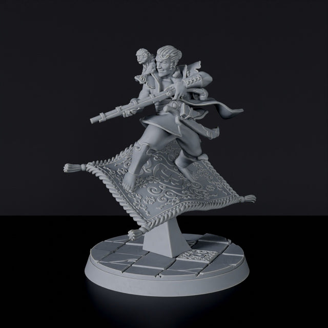 Fantasy miniatures of arabic Ali Dhin flying warrior with pistol and monkey miniature - Bloodfields tabletop RPG game