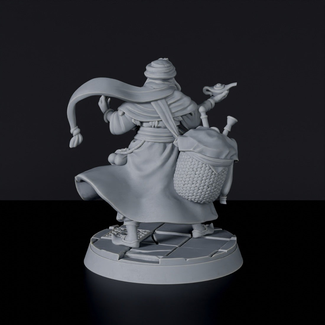 Fantasy miniature of Mia Sana'a flying arabic warrior with magic gin lamp for Bloodfields tabletop RPG game