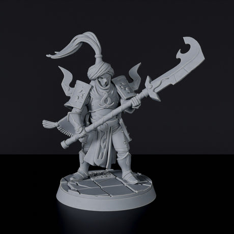 Fantasy miniatures of arabic warrior Barak'Um with scythe and cloak - Bloodfields tabletop RPG game