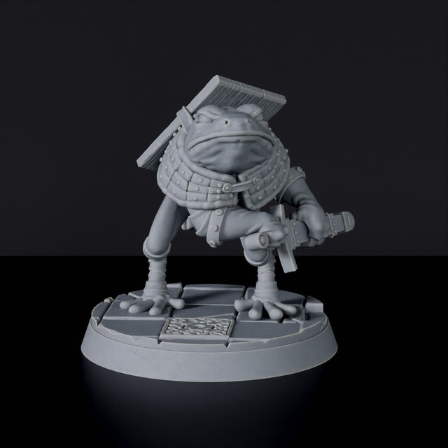 Fantasy miniatures Croak the Ambusher frog beast warrior with sword and shield for Bloodfields tabletop RPG game