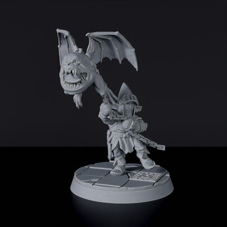 Fantasy miniatures of goblin Handler Urugash with helmet and flying beast - dedicated for Bloodfields tabletop RPG game