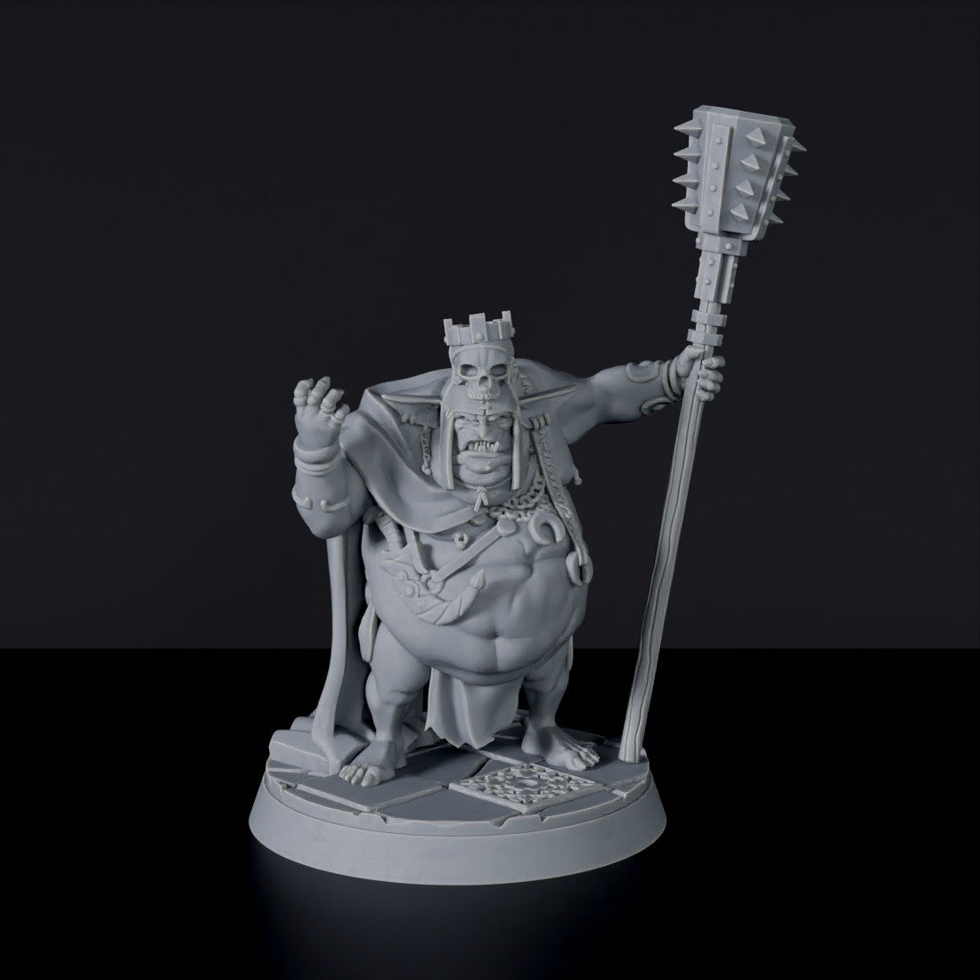 Fantasy miniatures of goblins king King Obbleh with staff and skull crown - dedicated for Bloodfields tabletop RPG game