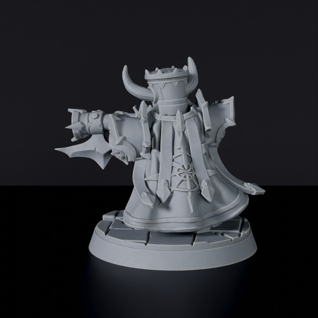 Fantasy miniature of Dhanu dwarf fighter with gun and cloak - Bloodfields tabletop RPG game