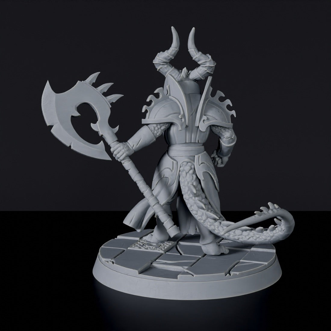 Fantasy miniature of dragonborn Drakskar Da-Gan with halberd and armor - dedicated set to army for Bloodfields tabletop RPG game