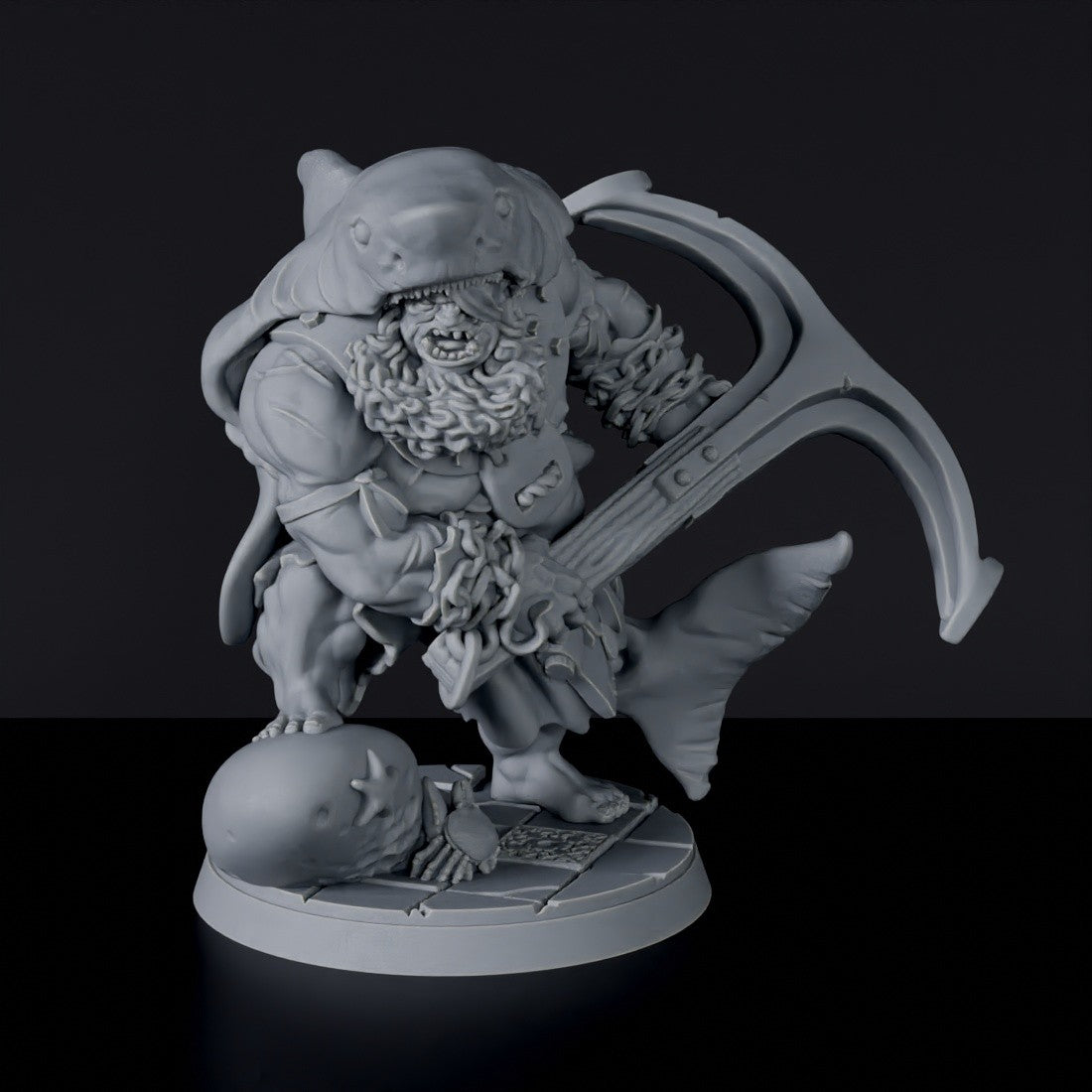 Fantasy miniatures of pirate ogre Fishgutt Sharkkiller with shark and anchor - dedicated set to army for Bloodfields RPG game