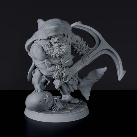 Fantasy miniatures of pirate ogre Fishgutt Sharkkiller with shark and anchor - dedicated set to army for Bloodfields RPG game