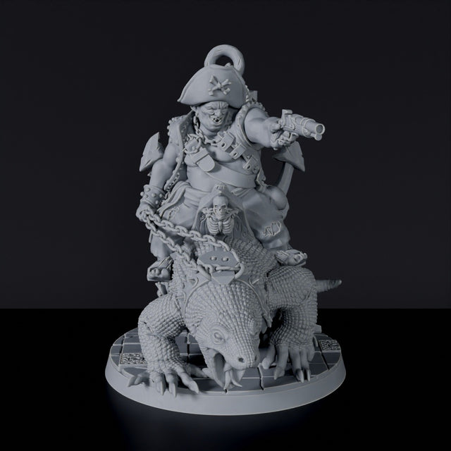 Fantasy miniatures of pirate ogre Kommander Komodo with hat nad pistol on lizard - Bloodfields tabletop RPG game