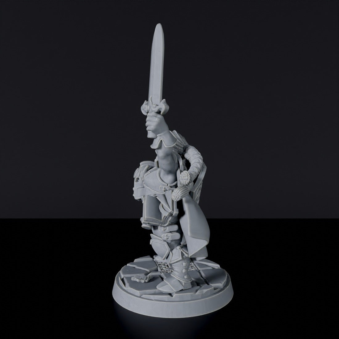 Miniature of Dwarf Female Paladin - knight with sword and helmet - dedicated fighter set for fantasy tabletop RPG games