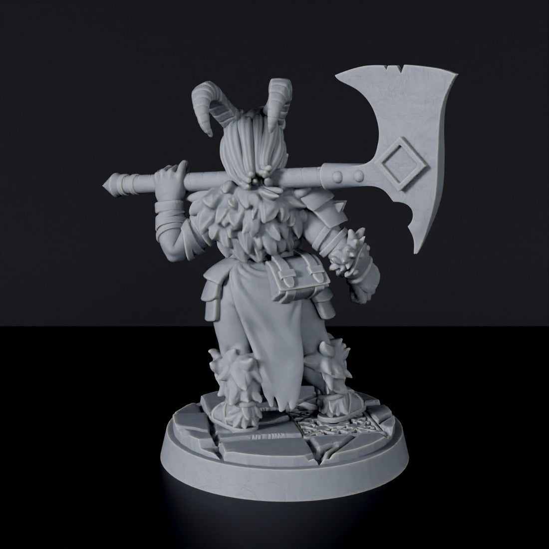 Miniature of Dwarf Female Barbarian with axe and skull helmet - dedicated warrior set to army for fantasy tabletop RPG games