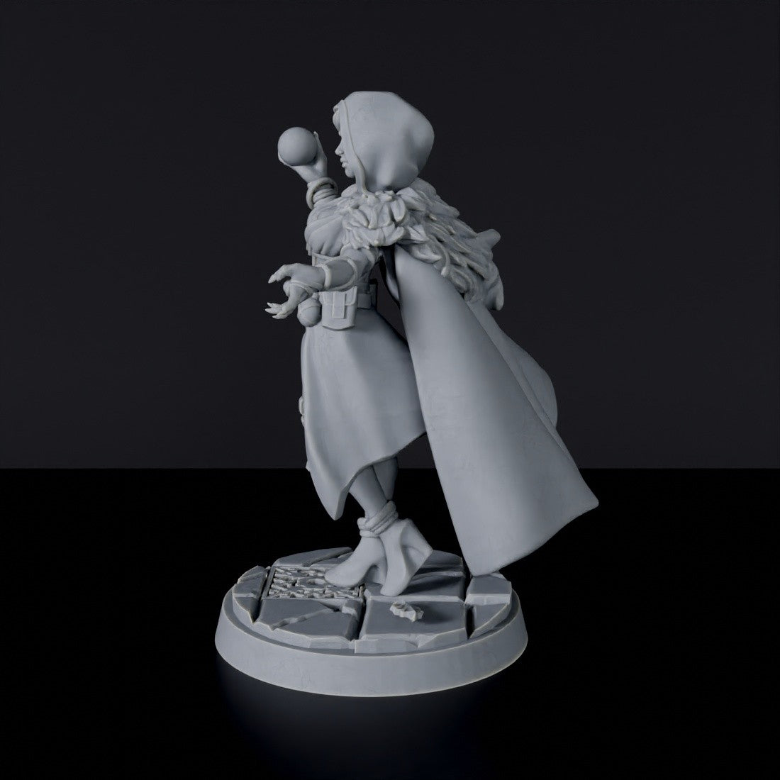 Miniature of Human Female Warlock ver. 1 with sphere and cloak - dedicated wizard set for fantasy tabletop RPG games