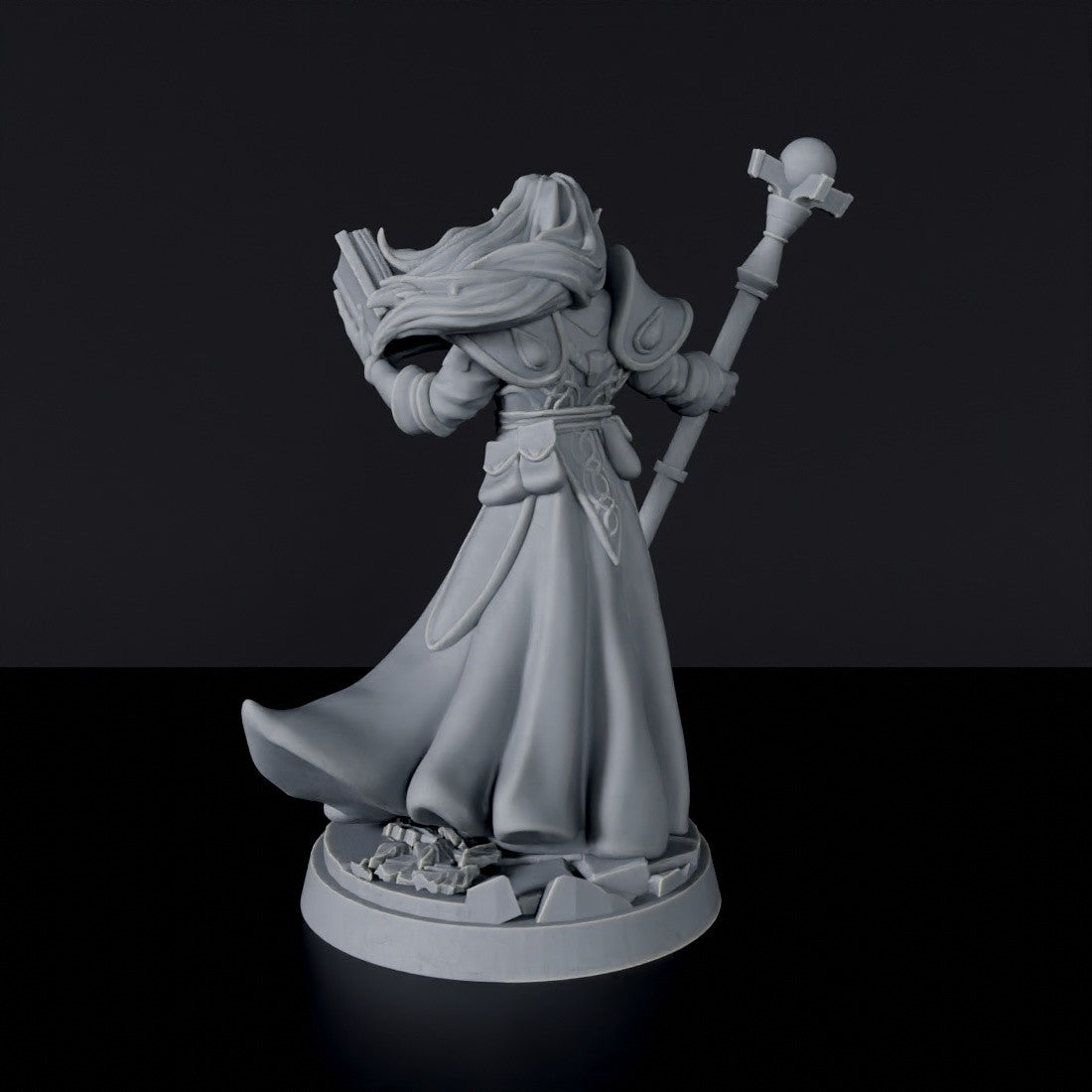 Miniature of Elf Male Sorcerer
with staff and tome - dedicated wizard set to army for fantasy tabletop RPG games