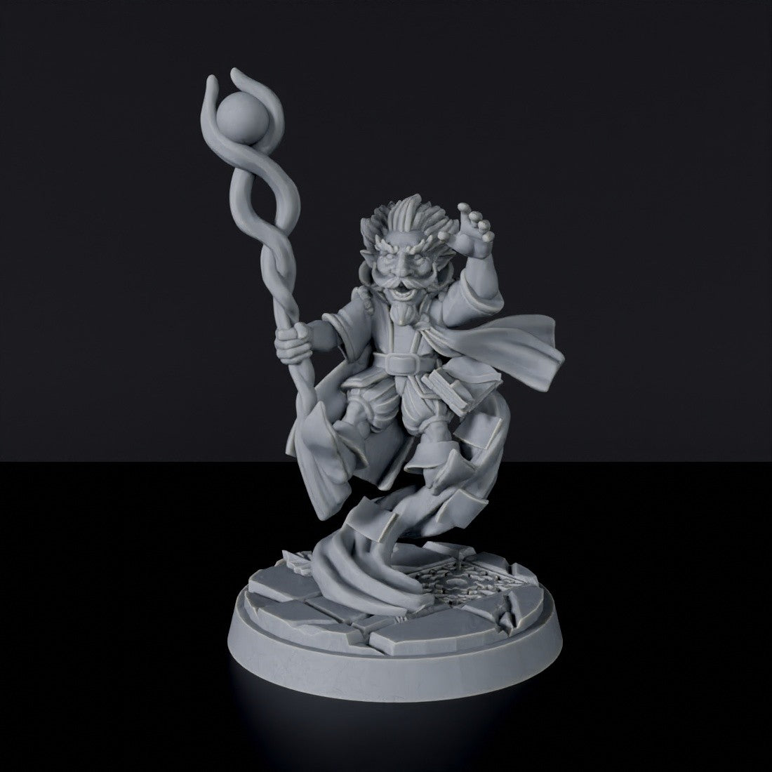 Miniature of Gnome Male Warlock with staff and cloak for fantasy tabletop role-playing games