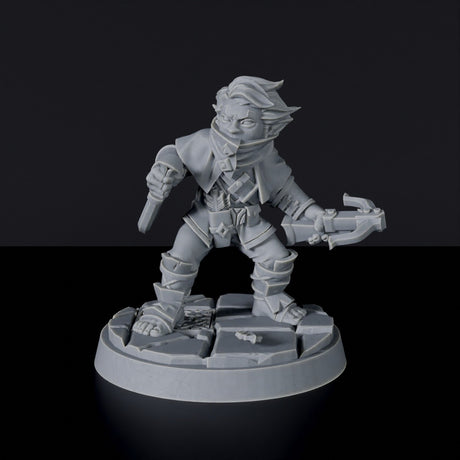 Miniature of Halfling Male Rogue - thief with crossbow and knife for fantasy tabletop role-playing games