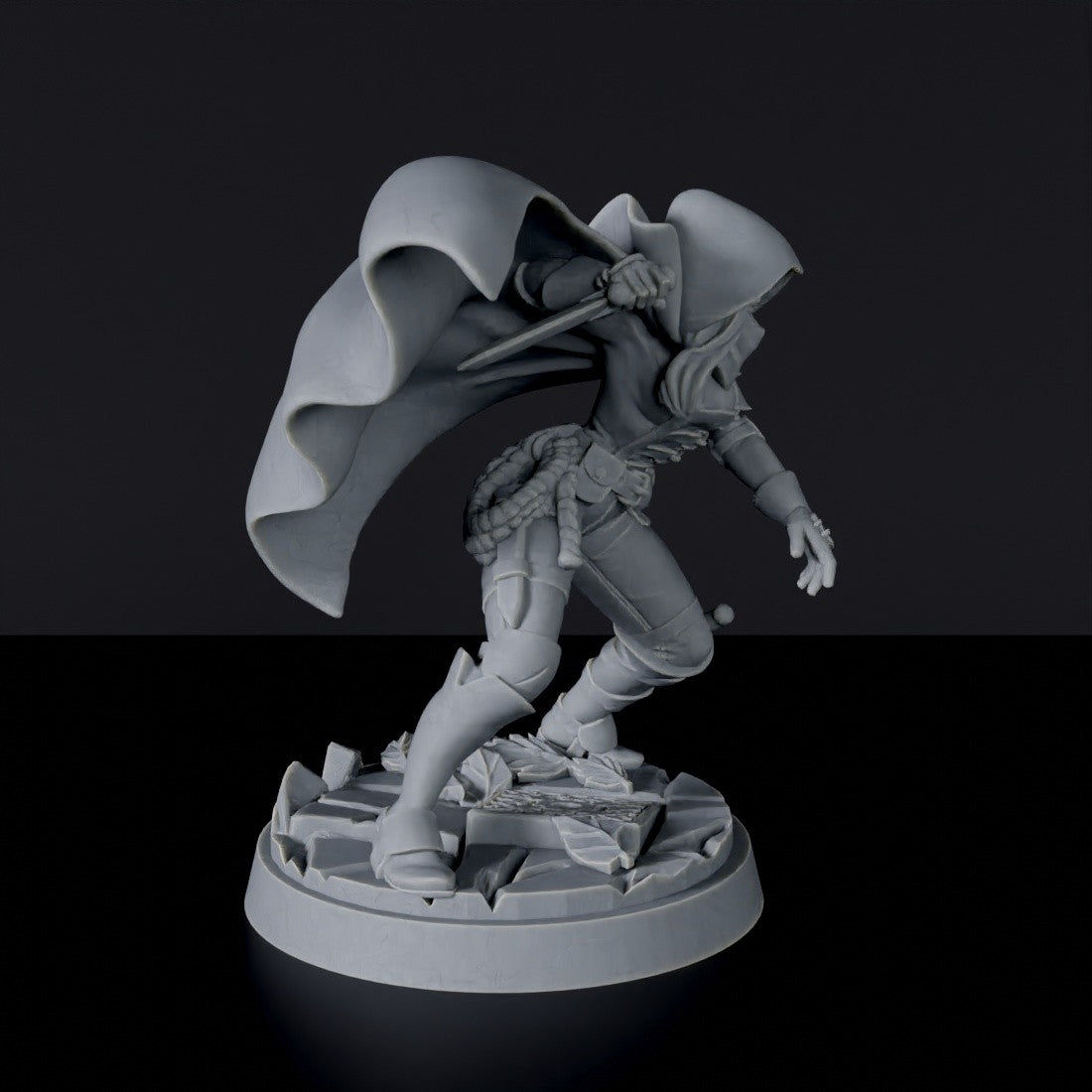 Dedicated thief set for fantasy tabletop RPG army -  Human Female Rogue miniature with knife and cloak