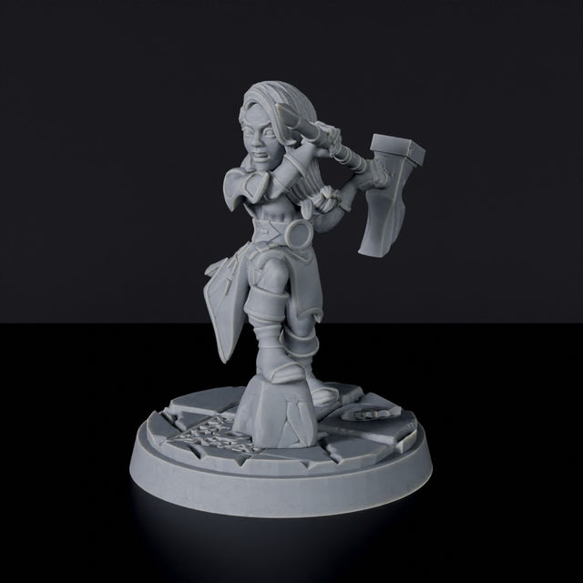 Miniature of Gnome Female Warrior with hammer for fantasy tabletop role-playing games