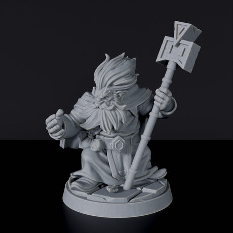 Miniature of Dwarf Male Warlock with staff and cloak for fantasy tabletop role-playing games