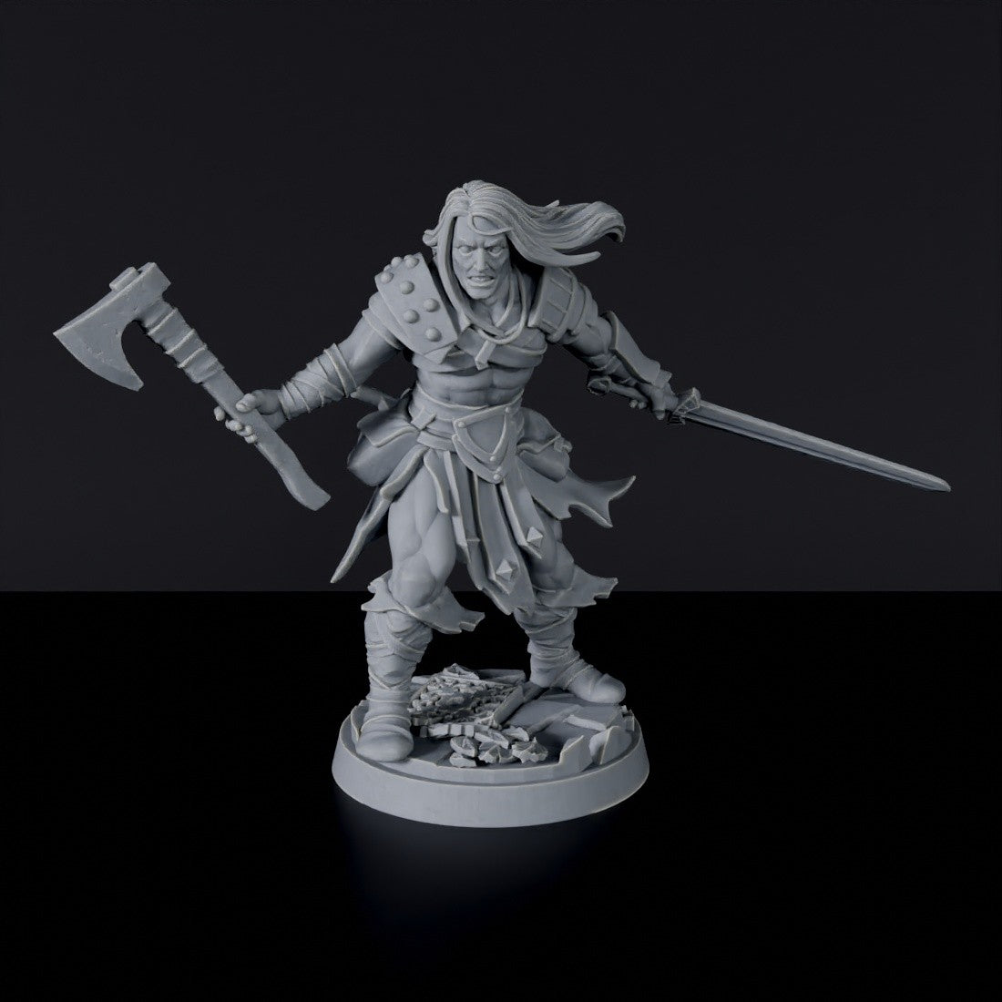 Miniature of Human Male Warrior with sword and axe for fantasy tabletop role-playing games