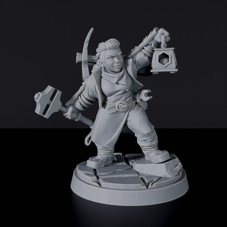 Miniature of Dwarf Female Adventurer with lamp, hammer and backback for fantasy tabletop role-playing games