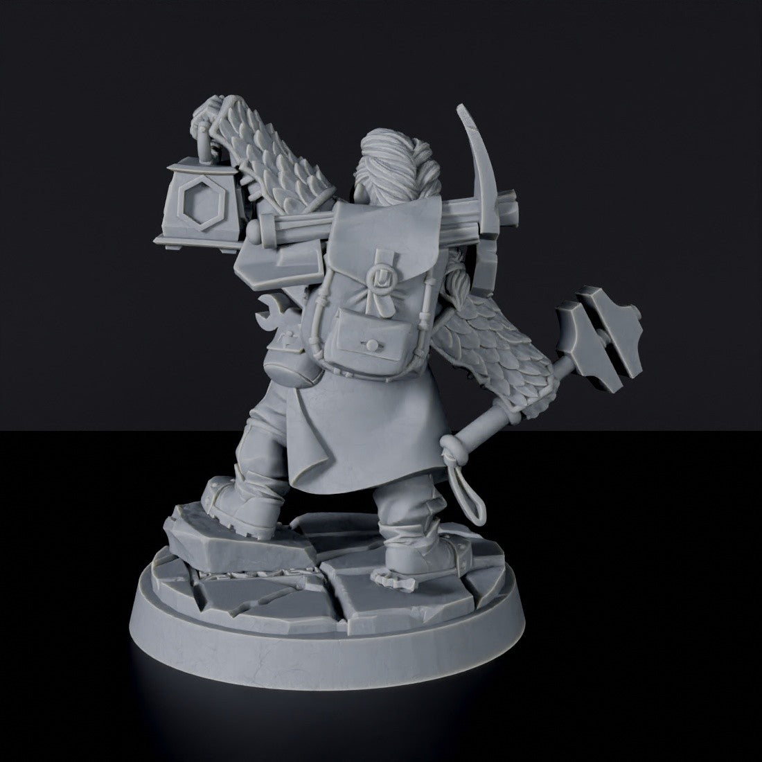 Miniature of Dwarf Female Adventurer with backpack and lamp - dedicated set to army for fantasy tabletop RPG games