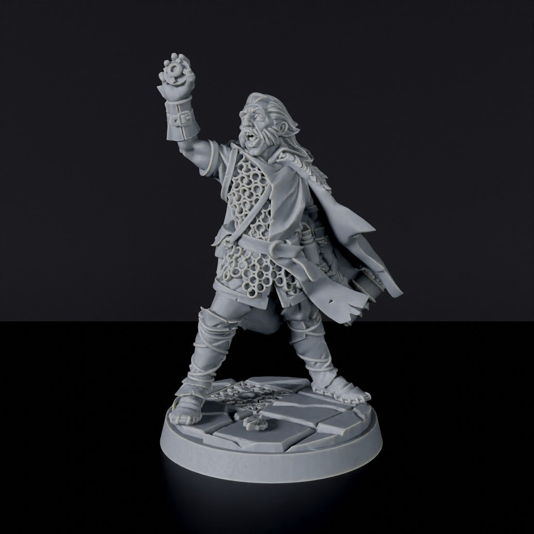 Miniature of Human Male Cleric with hammer, chainmail and cloak for fantasy tabletop role-playing games