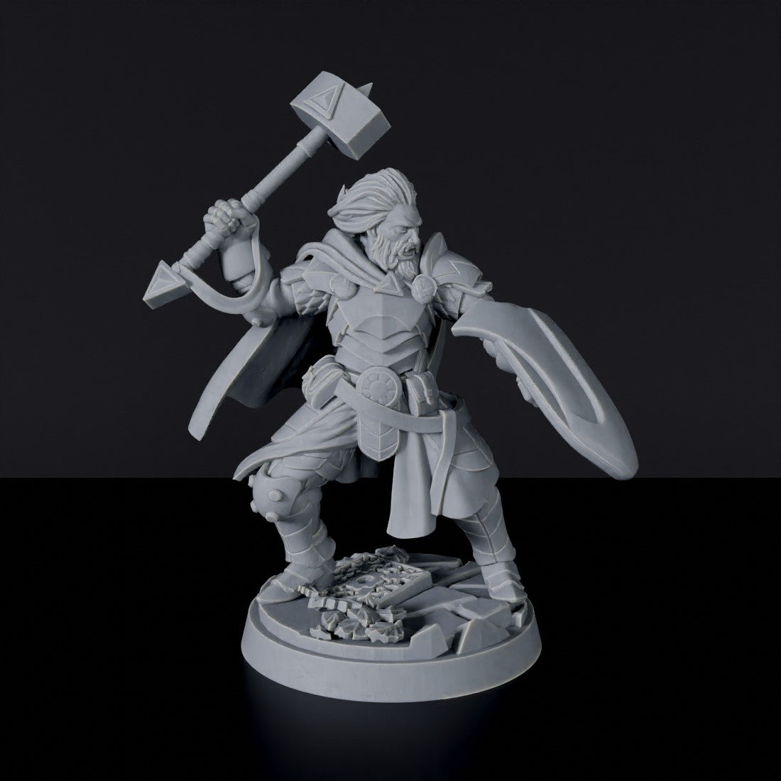 Miniature of Human Male Warrior with hammer, shield and armor for fantasy tabletop role-playing games