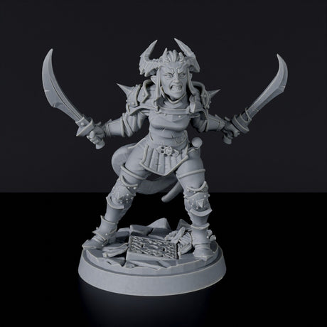 Miniature of Tiefling Female Warrior ver. 1 with sword and armor for fantasy tabletop role-playing games