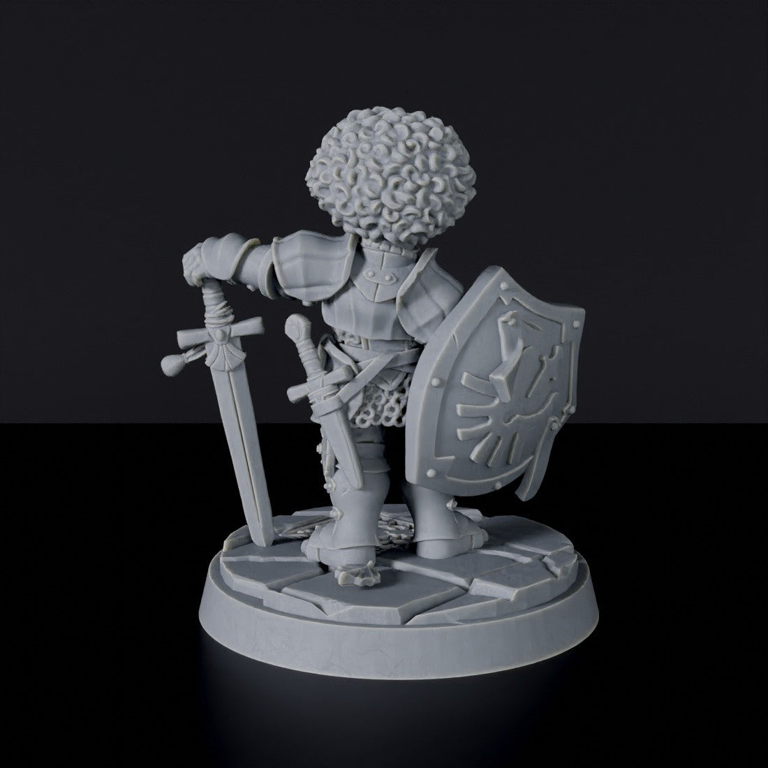 Miniature of Gnome Female Warrior with sword, shield and armor - dedicated fighter set to army for fantasy tabletop RPG games