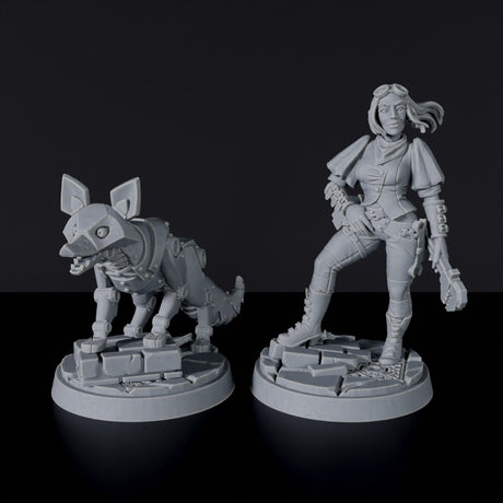 Miniature of Elf Female Engineer with mechanical fox beast and tool for fantasy tabletop role-playing games