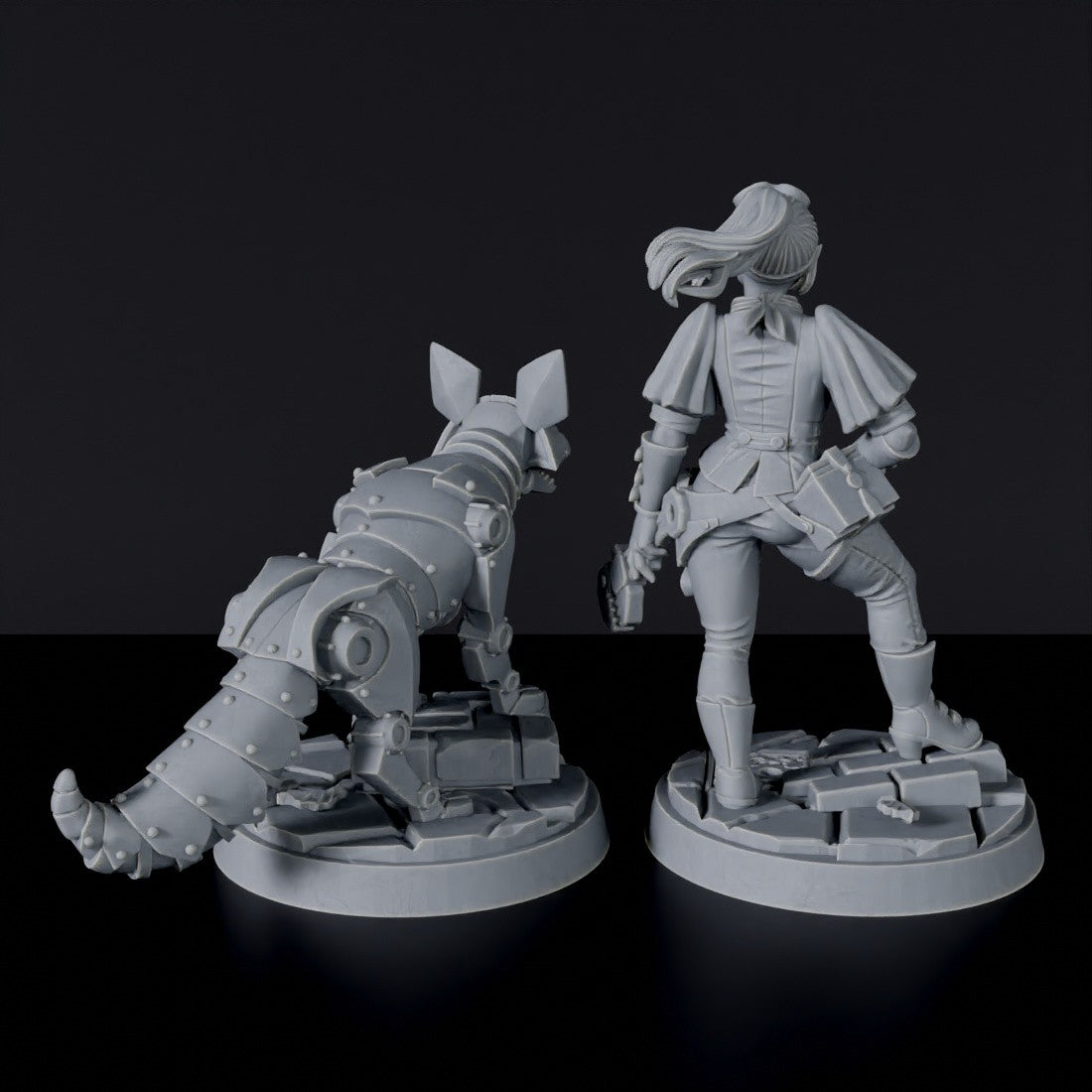 Miniature of Elf Female Engineer with mechanical fox beast - dedicated set to army for fantasy tabletop RPG games