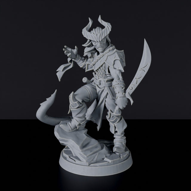 Miniature of Tiefling Male Warrior with sword and helmet for fantasy tabletop role-playing games