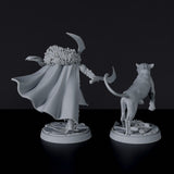 Fantasy miniatures of Elf Male Ranger with cloak, sword and panther cat for tabletop RPG games and collectors