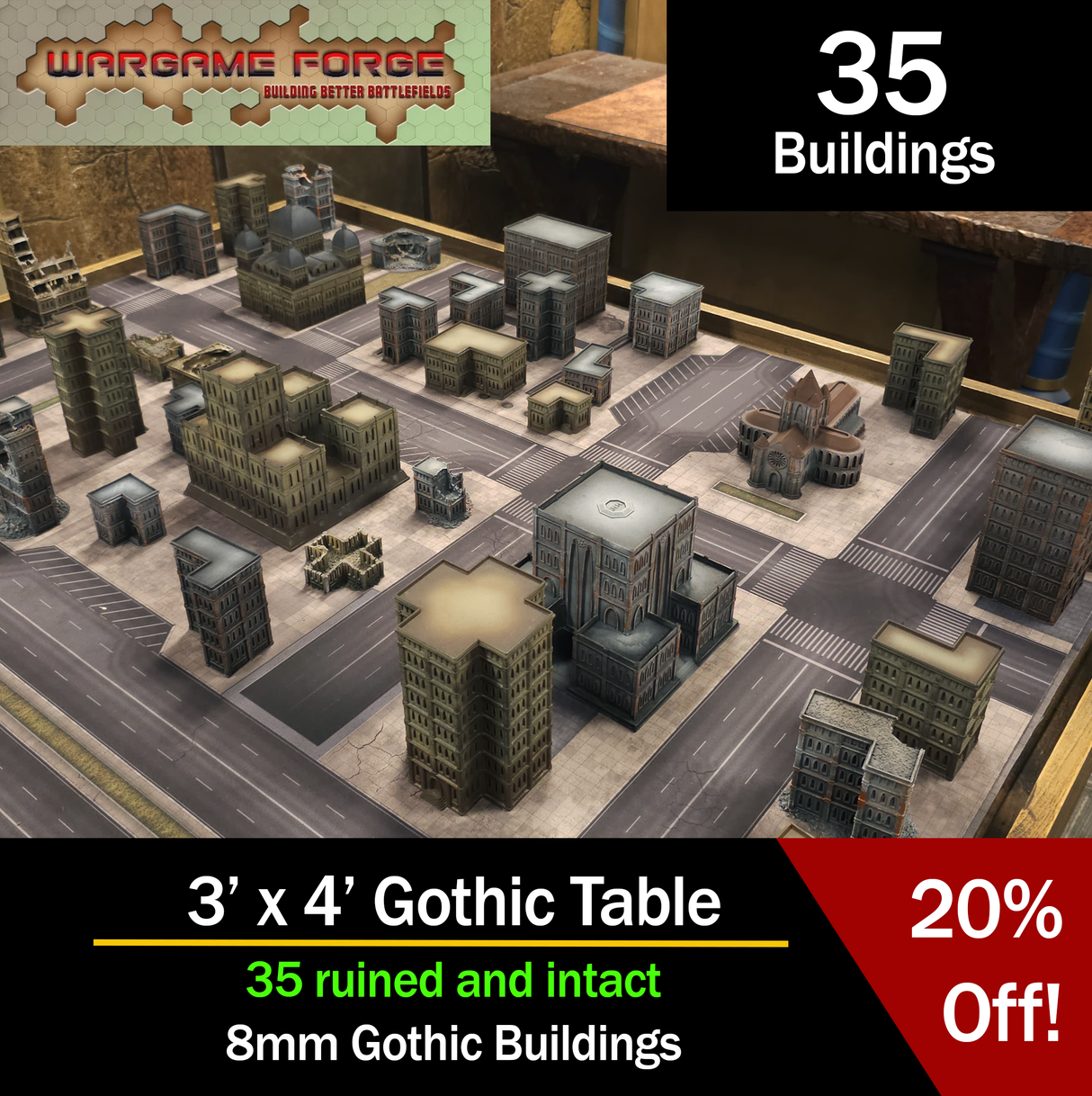 3' x 4' Table of 8mm Gothic Terrain - Printed for You (35 buildings)